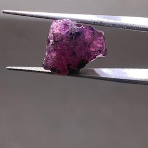 May include: A rough-cut, natural gemstone held by tweezers. The stone is a deep magenta color with dark purple and black inclusions. The surface is uneven and textured, showcasing its raw, unpolished state. The gemstone is likely used for jewelry or collection.