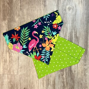 Tropical Summer Over the Collar Dog Bandana, Reversible Dog Bandanna, Summer Dog Scarf, Flamingos and Flowers