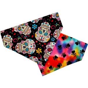 Sugar Skulls Over the Collar Dog Bandana // Reversible Dog Bandanna // Day of the Dead Scarf // Colorful Skulls Dog Bandana // Dog Gift