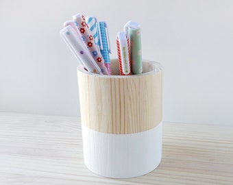 Wooden pencil pot, White desk organizer, Wood makeup brush holder, Handy storage cup