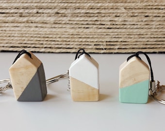 Wooden keychain in the shape of a little house, Handmade wooden house, Original Scandinavian style key holder