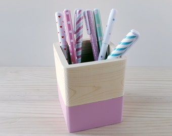 Pink wooden pen holder, Gift pencil holder for teachers, Desk organizer for students