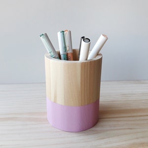 Wooden pencil holder, Minimal office desk decor, Scandinavian makeup brush pot RosaChicle/GumPink