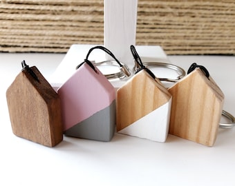 Wooden keychain shaped like a flat house, Scandinavian style handmade wooden house, Minimalist design wedding gift