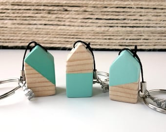 Wooden mint house keychain, Original gift for mom, Scandinavian style keyring with wooden house