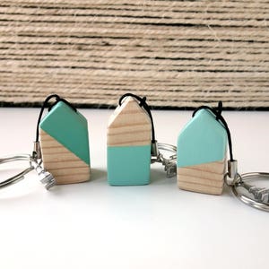 Wooden mint house keychain, Original gift for mom, Scandinavian style keyring with wooden house image 1