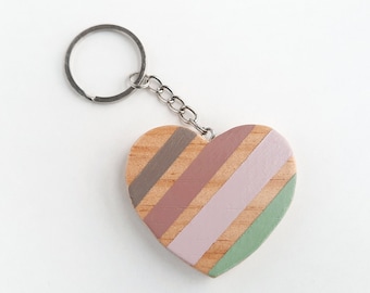 Keychain with wooden heart. Pendant for handbag in boho style. Nordic style gift for women.