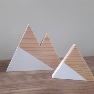 Set of two wooden mountains in pine and white, Modern minimalist scandinavian home decor, Woodland nursery decor, Nordic winter ornaments image 4