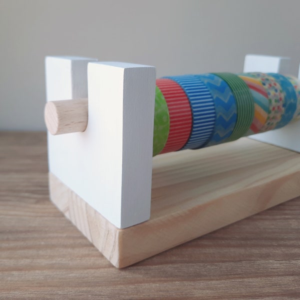 Handmade washitapes organizer. Wooden minimalist tape dispenser. Pine and white washi tapes storage