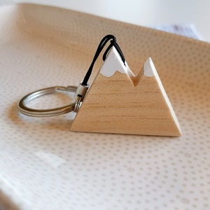 Natural wooden mountain keychain with snowy peaks. Perfect as a gift for hikers and nature lovers image 1