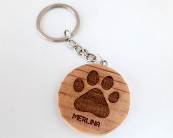 Wooden pawprint keychain, Personalized with your cat's name laser engraved, A keepsake from your cat, Cat mom's gifts