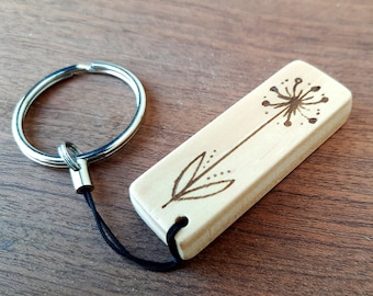 Personalized wooden keychain, Laser engraved keychain, Dandelion, Customized Valentine's Day or Anniversary gift