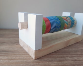 Handmade washitapes organizer. Wooden minimalist tape dispenser. Pine and white washi tapes storage