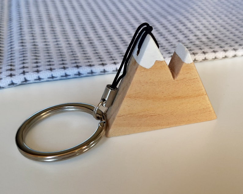 Natural wooden mountain keychain with snowy peaks. Perfect as a gift for hikers and nature lovers image 8