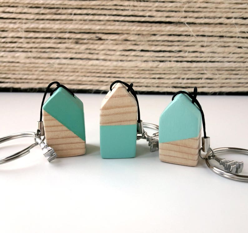 Wooden mint house keychain, Original gift for mom, Scandinavian style keyring with wooden house image 1