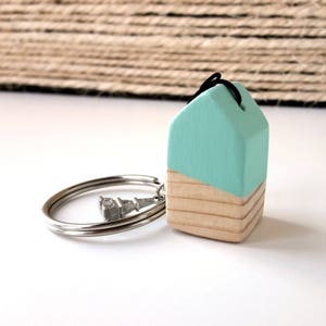 Wooden mint house keychain, Original gift for mom, Scandinavian style keyring with wooden house image 5