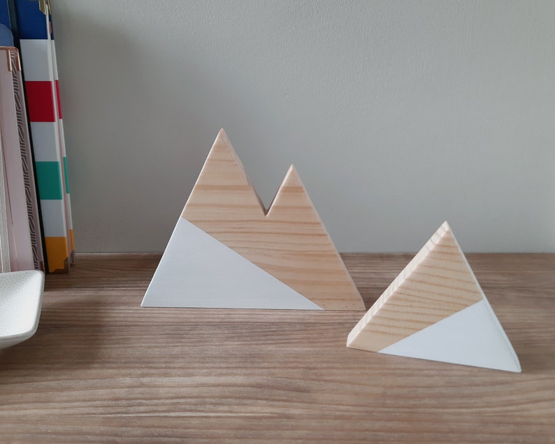 Set of two wooden mountains in pine and white, Modern minimalist scandinavian home decor, Woodland nursery decor, Nordic winter ornaments image 5