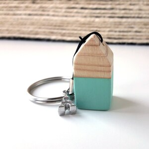 Wooden mint house keychain, Original gift for mom, Scandinavian style keyring with wooden house image 4