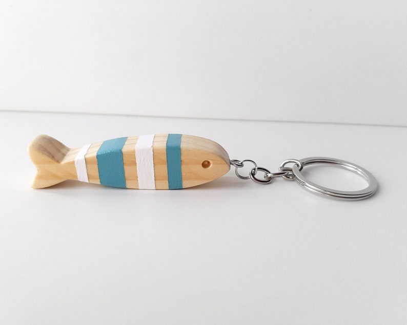Summer fishing keychain, Minimalist wooden fish key ring, Boho chic beach accessories, Handmade wood ocean creatures image 1