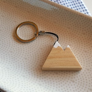 Natural wooden mountain keychain with snowy peaks. Perfect as a gift for hikers and nature lovers image 2