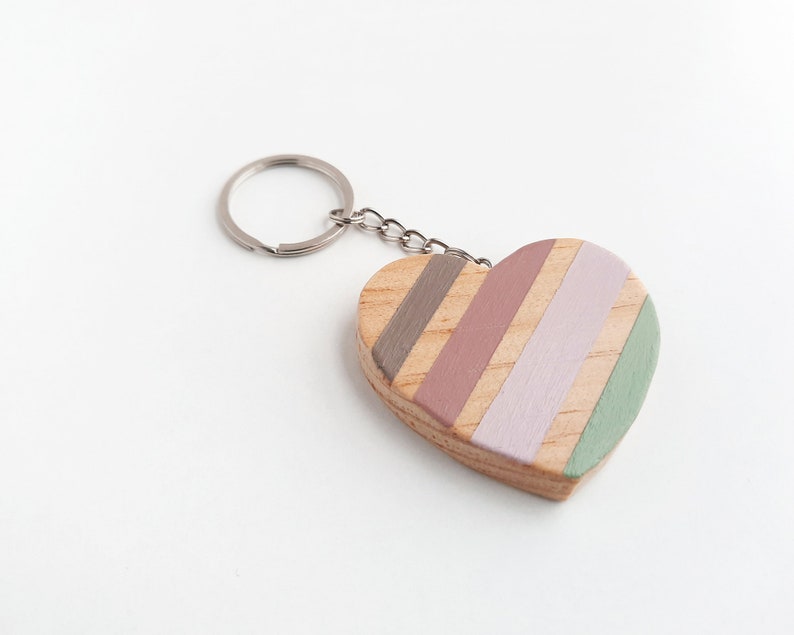 Keychain with wooden heart. Pendant for handbag in boho style. Nordic style gift for women. image 2