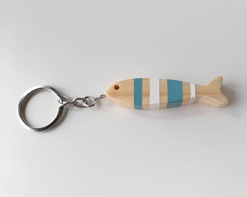 Summer fishing keychain, Minimalist wooden fish key ring, Boho chic beach accessories, Handmade wood ocean creatures image 6
