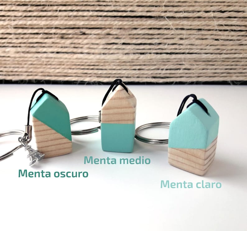 Wooden mint house keychain, Original gift for mom, Scandinavian style keyring with wooden house image 2