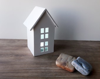 Hand painted decorative miniature house with light, Trendy Scandinavian home decor, Little white wooden house scandi style