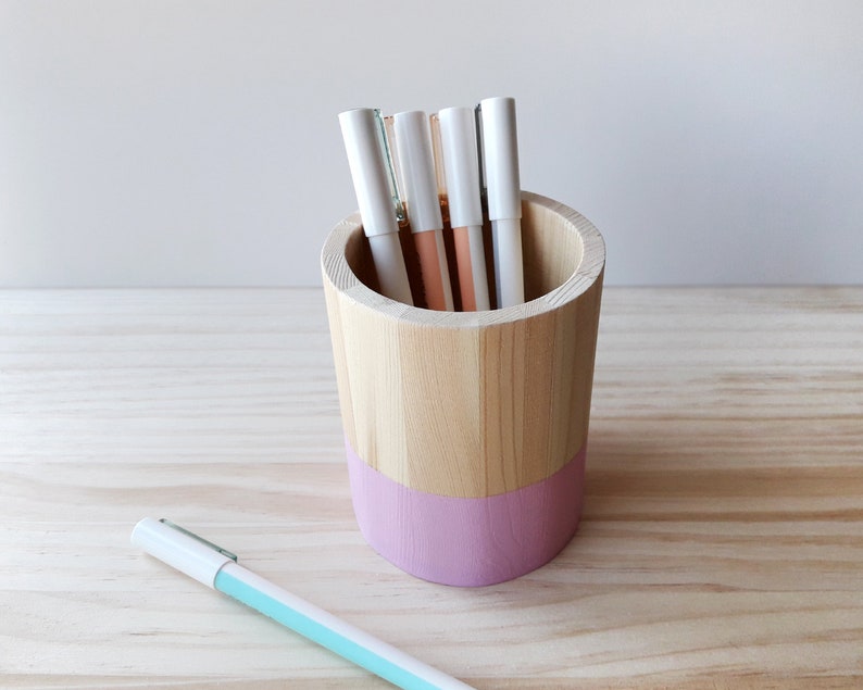 Wooden pencil holder, Minimal office desk decor, Scandinavian makeup brush pot image 5