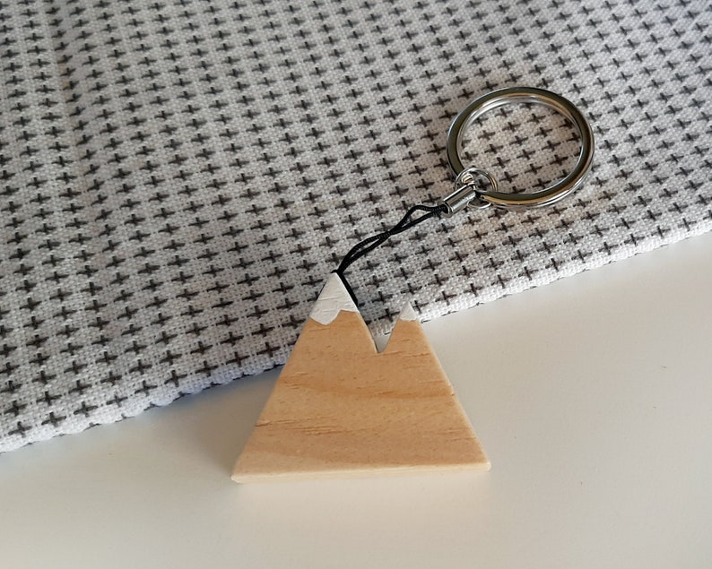 Natural wooden mountain keychain with snowy peaks. Perfect as a gift for hikers and nature lovers image 9