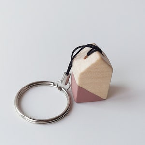 Scandinavian design keyring with tiny wooden house, Nordic style wood house women key chain, Minimalist stocking filler or wedding favors image 3