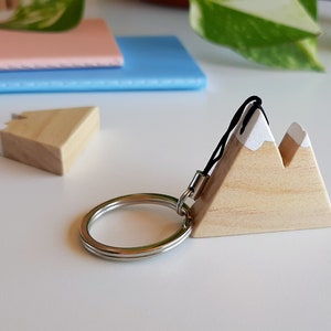 Natural wooden mountain keychain with snowy peaks. Perfect as a gift for hikers and nature lovers image 5
