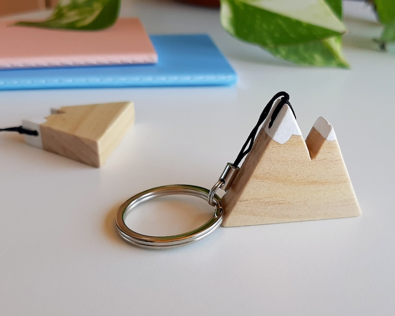 Natural wooden mountain keychain with snowy peaks. Perfect as a gift for hikers and nature lovers image 5