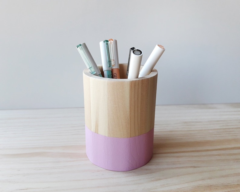 Wooden pencil holder, Minimal office desk decor, Scandinavian makeup brush pot RosaChicle/GumPink