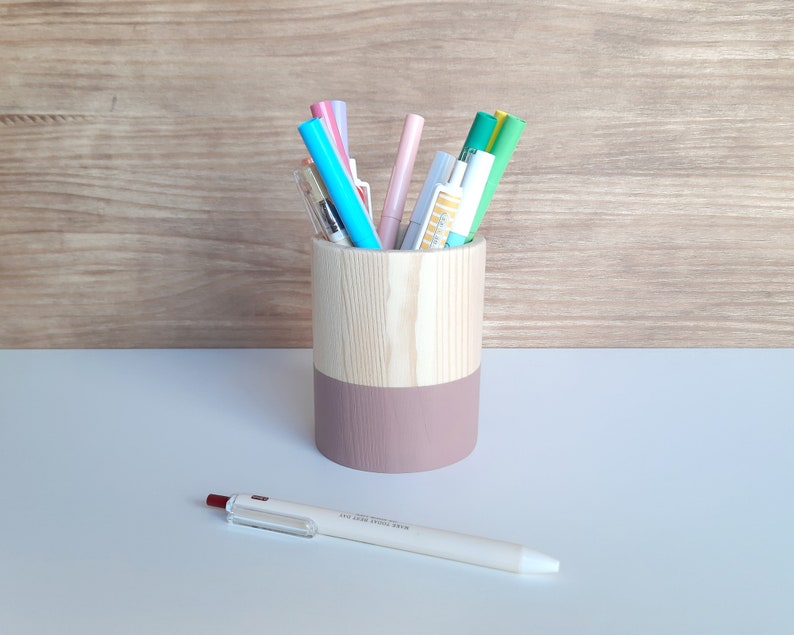 Wooden pencil holder, Minimal office desk decor, Scandinavian makeup brush pot RosaOscuro/Dark pink