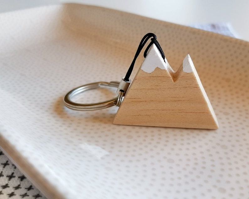 Natural wooden mountain keychain with snowy peaks. Perfect as a gift for hikers and nature lovers image 1