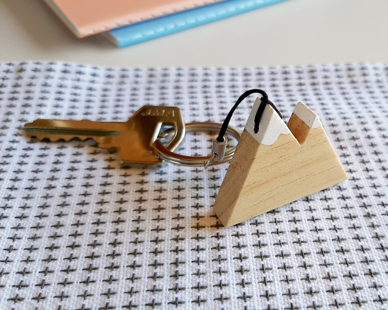 Natural wooden mountain keychain with snowy peaks. Perfect as a gift for hikers and nature lovers image 6