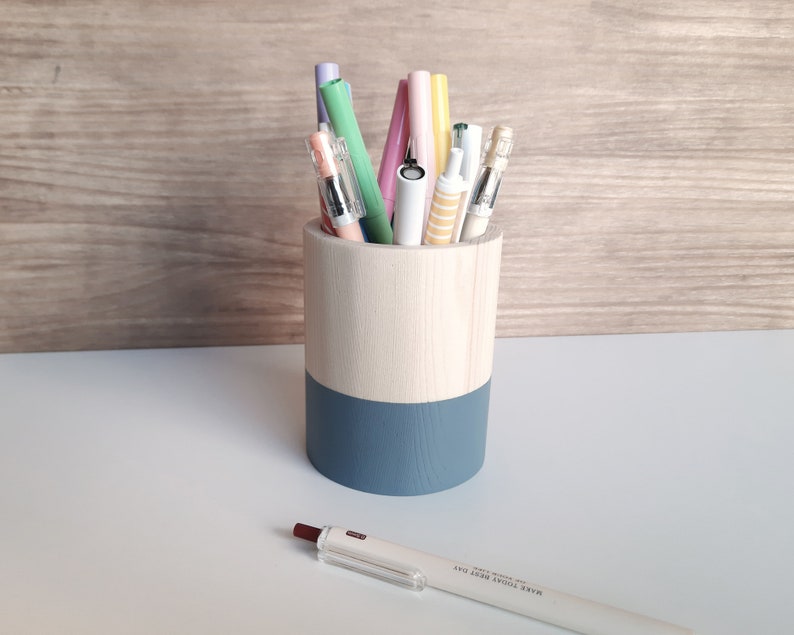 Wooden pencil holder, Minimal office desk decor, Scandinavian makeup brush pot Gray