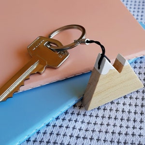 Natural wooden mountain keychain with snowy peaks. Perfect as a gift for hikers and nature lovers image 7