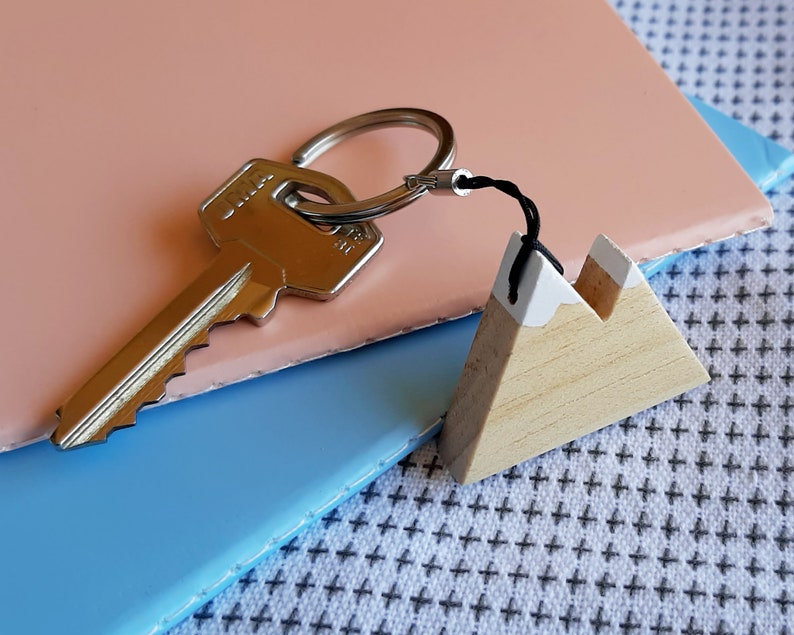 Natural wooden mountain keychain with snowy peaks. Perfect as a gift for hikers and nature lovers image 7