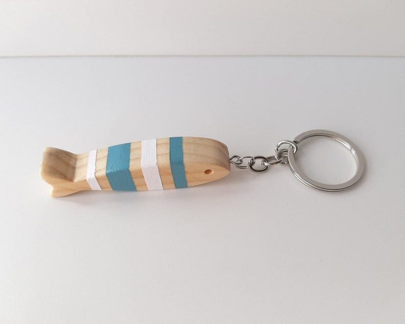 Summer fishing keychain, Minimalist wooden fish key ring, Boho chic beach accessories, Handmade wood ocean creatures image 7