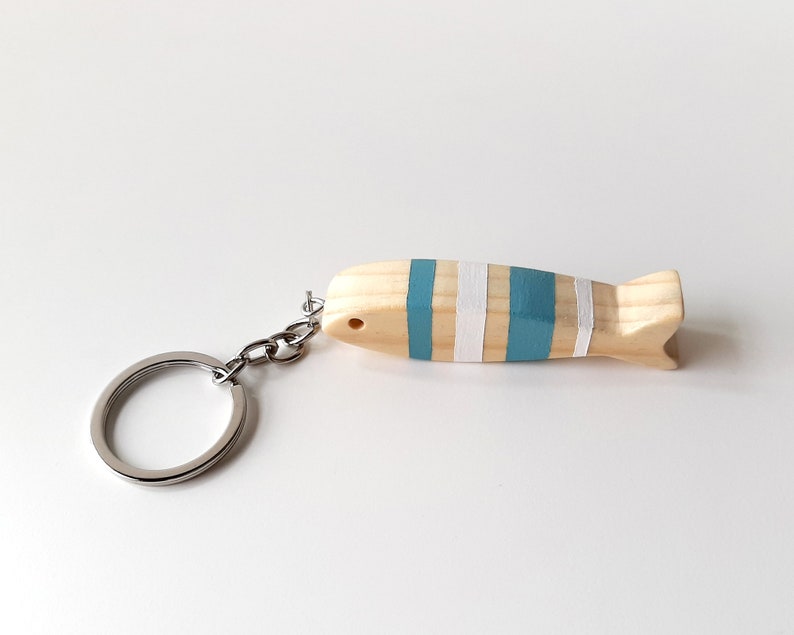 Summer fishing keychain, Minimalist wooden fish key ring, Boho chic beach accessories, Handmade wood ocean creatures image 8