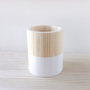 Wooden pencil holder, Minimal office desk decor, Scandinavian makeup brush pot White