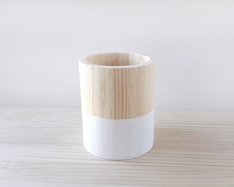 Wooden pencil holder, Minimal office desk decor, Scandinavian makeup brush pot White