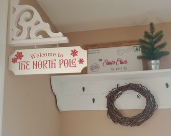 Welcome to the North Pole Street Sign Holiday Open House Christmas Personalized Farmhouse Decor Rustic White Cottage Christmas Signs