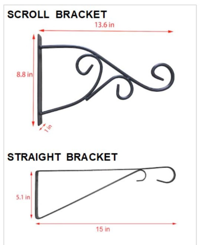 May include: Two metal brackets for hanging shelves. The scroll bracket is 13.6 inches long and 8.8 inches tall. The straight bracket is 15 inches long and 5.1 inches tall.