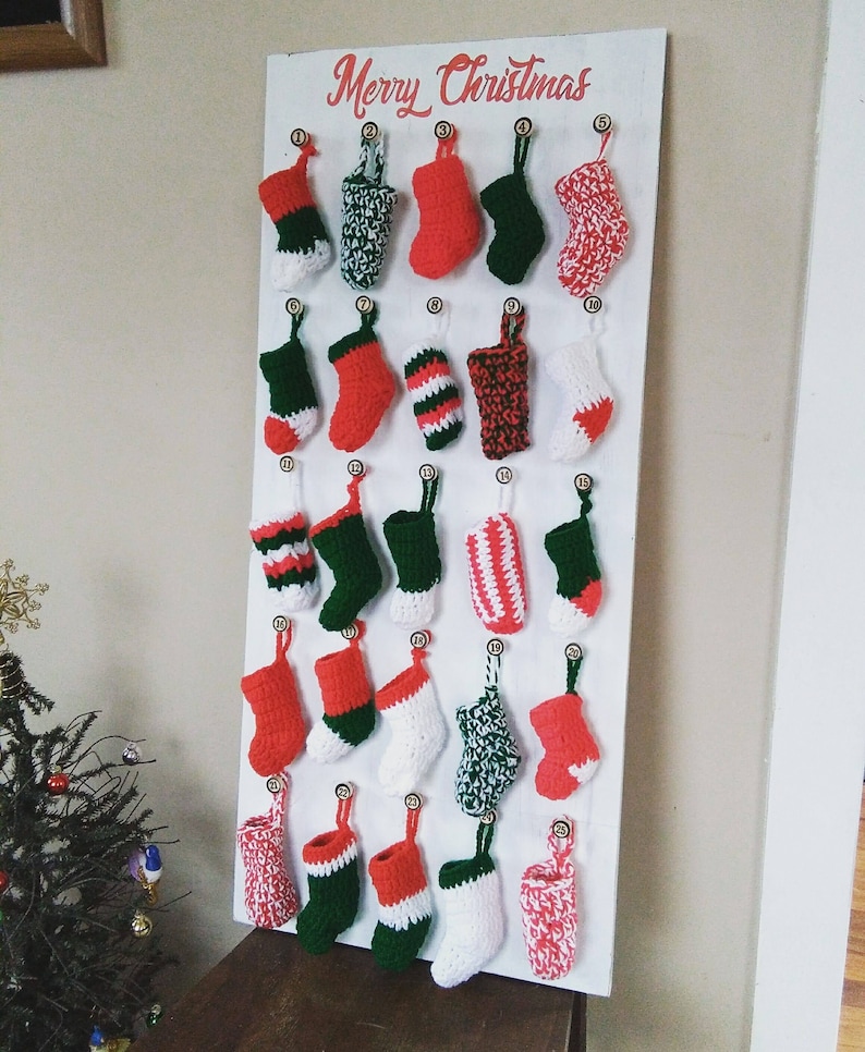 Wooden Advent Calendar Crochet Stockings and Mini Santa Bags Etsy