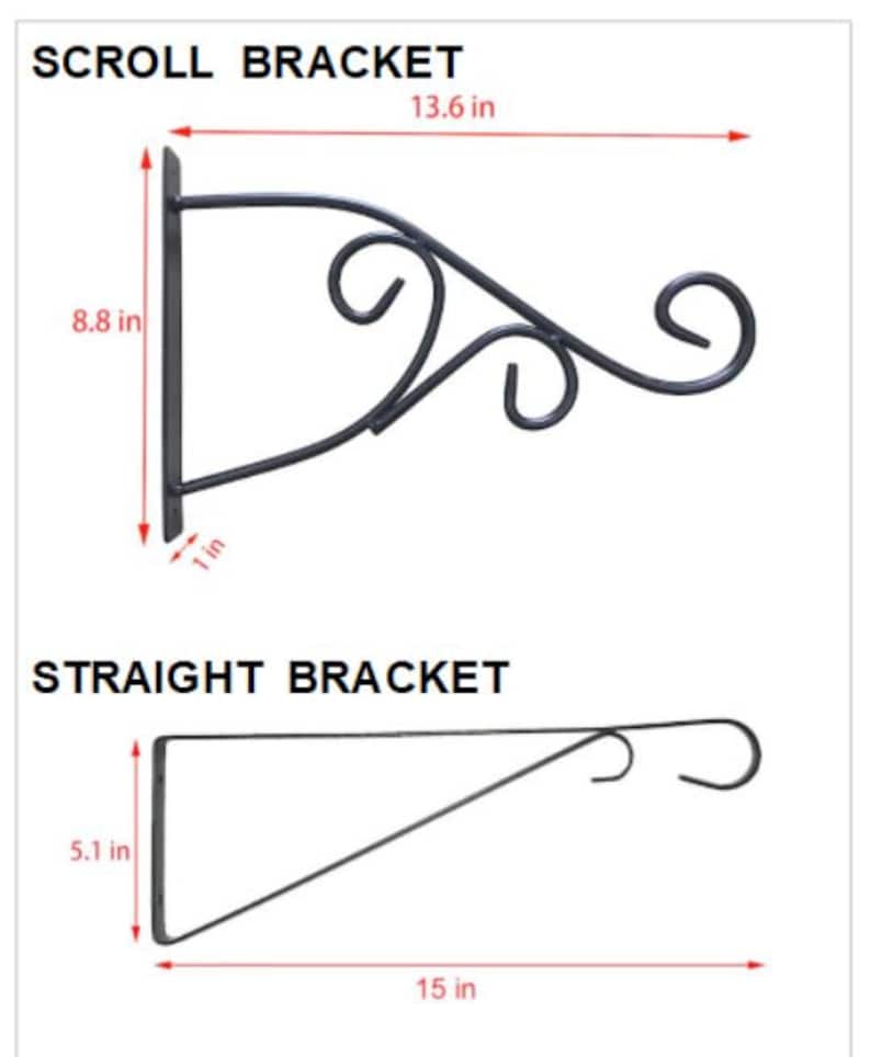 May include: Two metal brackets for hanging shelves. The scroll bracket is 13.6 inches long and 8.8 inches tall. The straight bracket is 15 inches long and 5.1 inches tall.