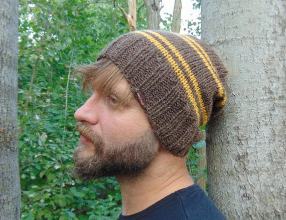 Brown Mustard Stripy Mens Beanie Alpaca 