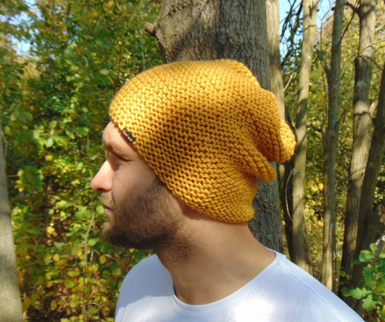 Mustard Knit Men Beanie Alpaca Men Hat 